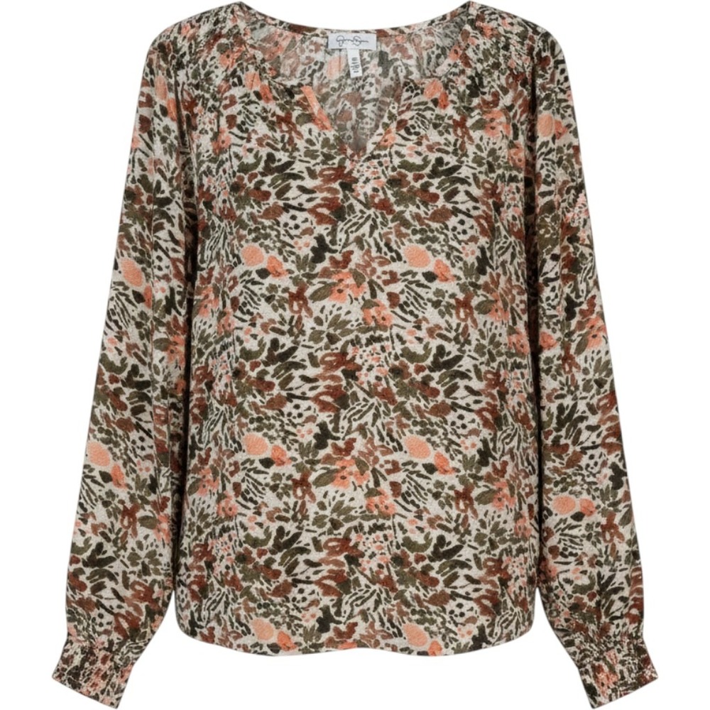 Jessica Simpson Women •M• Peasant Floral V-Neck Blouse Indie Rustic Smocked Cuff